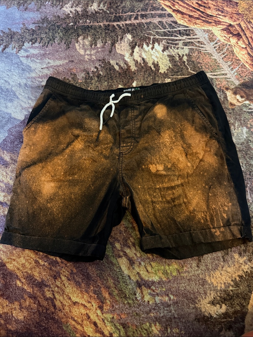 Free Planet Black Shorts with Hand Done Bleach Pattern